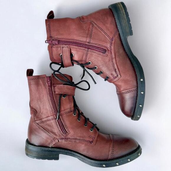 Musse & Cloud 9.5 Santana Combat Boots Red Buckle Strap Genuine Leather Studded - Picture 6 of 9